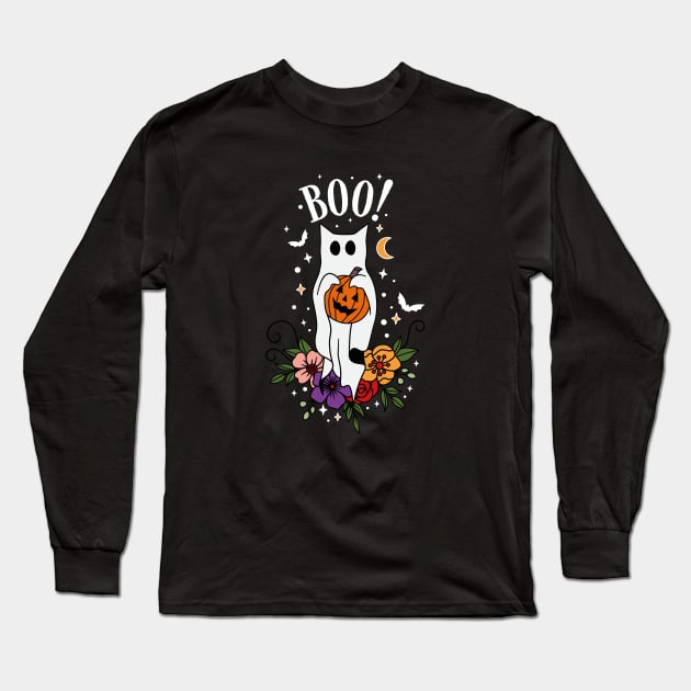 Halloween Cat Ghost Long Sleeve T-Shirt by uncommontee